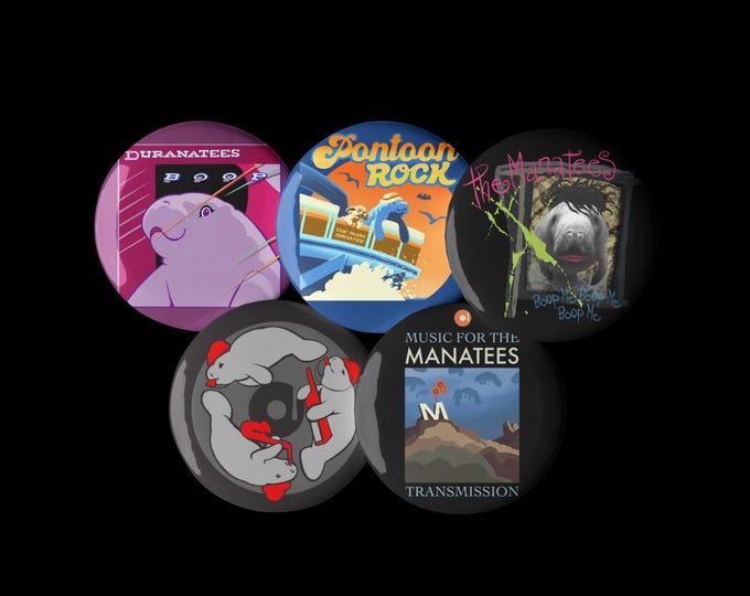 Manatee Themed Set of 5 Modern Rock pin buttons by Curethreads