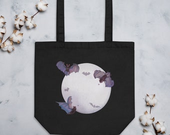 Bat Moon Rising Cute + Spooky Halloween Black Eco Tote Bag