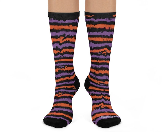 The Cure Halloween Candy-Striped Lullaby Socks in Orange+Violet Spider Legs