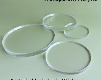 Puede incluir: Varios círculos transparentes de acrílico de diferentes tamaños. La imagen incluye el texto "Transparent Acrylic" y "Customizable circle-size/ thickness". Los círculos son claros y lisos.