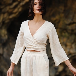 Cotton Yoga Wrap Top, Unique Double Wrap Muslin Top, Linen Tank Top for Women, Summer Linen Tunic Top, Beach Top, Summer Linen Blouse