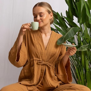 Organic Cotton Gauze Kimono Pajama Set: Boho Lounge Wear