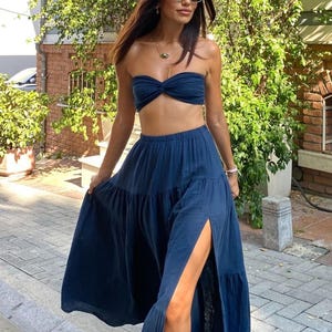 Organic Raw Cotton Gauze Skirt: Bohemian Slit Long Skirt