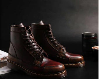 Men's Handmade Vintage Brown Leather Combat Boots – Rugged Military Lace-Up Style