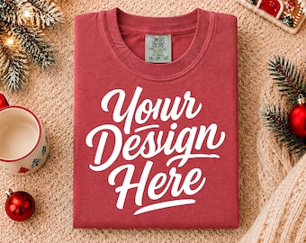 Comfort Colors 1717 Crimson Mockup, Christmas Red T-Shirt Flat Lay, Vintage Garment Dyed Shirt Mockup, Aesthetic Holiday T-shirt Display