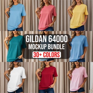 Pacote de Mockups Gildan 64000, mais de 30 cores de camisetas, pacote de mockups de modelo feminino em estilo softstyle, mockups estéticos de camisetas para impressão sob demanda.