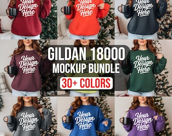 Gildan 18000 Mockup Bundle, 30+ Colors Crewneck Sweatshirt Mockup, Christmas Holiday Aesthetic, Oversized Sweatshirt, POD Graphic Design