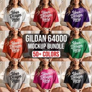 May include: A mockup bundle of Gildan 64000 t-shirts in various colors, each featuring the text "Your Design Here" in a stylish font. The image showcases a variety of colors, including white, red, purple, orange, green, gray, pink, and black.