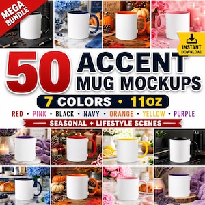 May include: A digital collection of 50 accent mug mockups featuring 11oz ceramic mugs in seven colors including red, pink, black, navy, orange, yellow, and purple. The display includes various seasonal and lifestyle scenes for product presentation.
