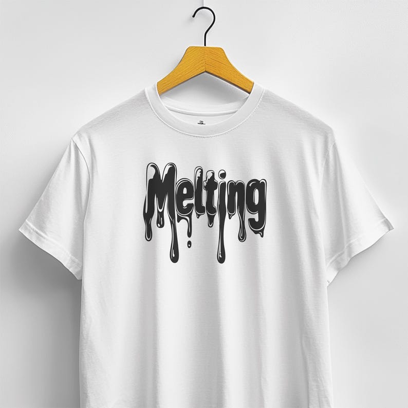 May include: White t-shirt with the word "Melting" in a black, dripping font. The design is centered on the chest. The shirt is hanging on a wooden hanger against a white background.