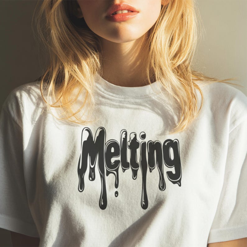 May include: White t-shirt with the word "Melting" in a dripping, black font. The shirt is made of a soft material and has a classic crew neck. The design gives a unique, artistic look to the shirt.