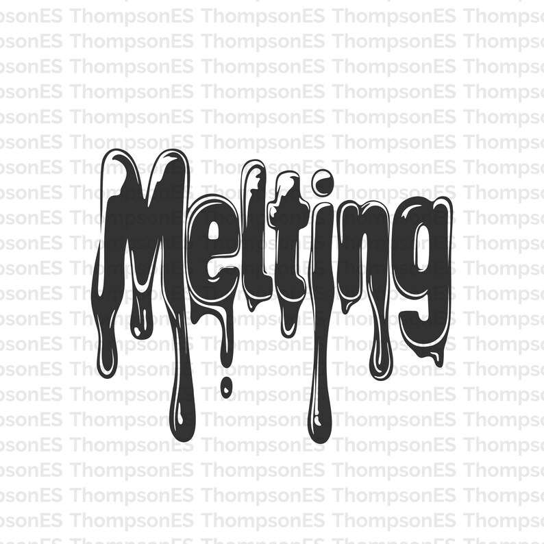 May include: Black and white graphic design featuring the word "Melting" with a dripping effect. The letters are thick and stylized, with a glossy appearance, creating a visual representation of melting.