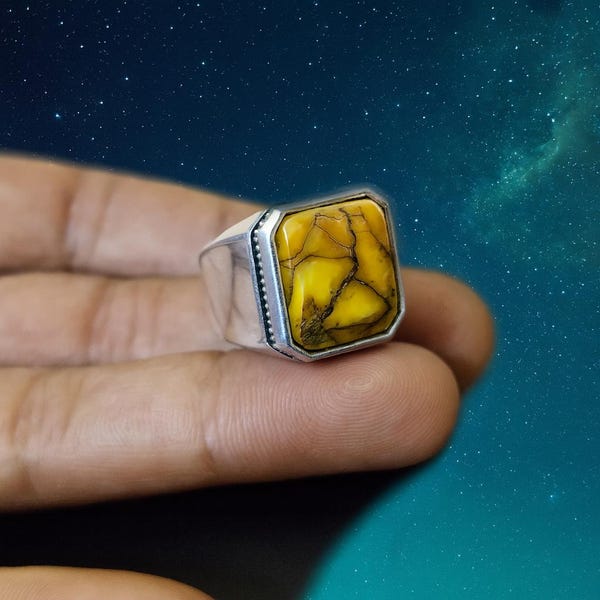 Bague en argent sterling faite main : pierre précieuse veinée jaune, pierre carrée audacieuse