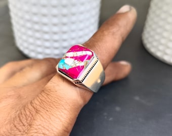 Roze turkoois mozaïek herenring 925 sterlingzilver | Handgemaakte statementring | Boho ambachtelijke sieraden