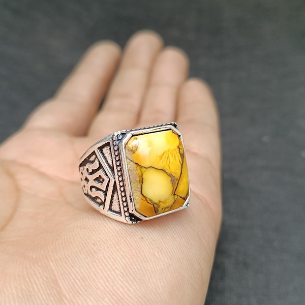 Yellow Natural Turquoise Gemstone Mens Ring, 925 Silver Boho Statement Ring, Handmade Bold Jewelry