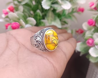 Bague avec pierre de jaspe jaune | Bague tendance faite main | Bijoux en pierres précieuses vintage | Cadeau pour lui
