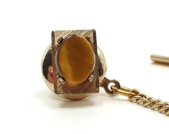 Swank Tiger's Eye Vintage Tie Tack, Gentleman Gemstone Jewelry, Brown and Yellow Oval Cab, Gifts for Him