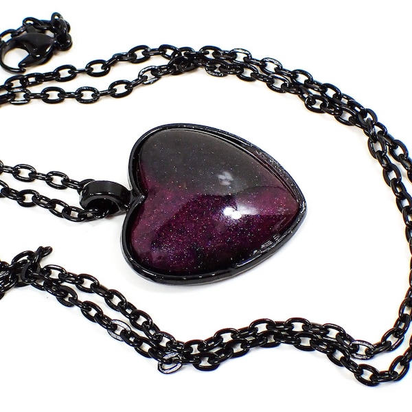 Handmade Black Pink and Purple Resin Heart Pendant Necklace, Goth Jewelry, Gifts Under 20