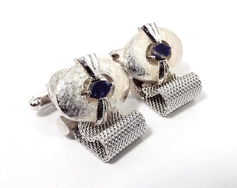 Dante Blue Sodalite Gemstone Vintage Mesh Cufflinks, Mid Century, Silver Tone