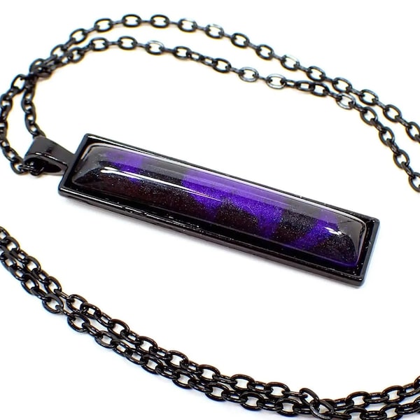 Handmade Black and Purple Resin Bar Pendant Necklace, Goth Jewelry, Gifts Under 20