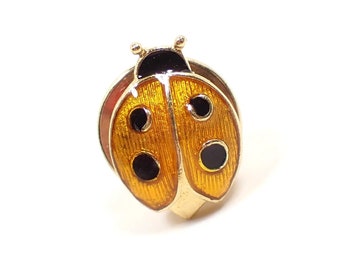 Orange Yellow and Black Enameled Ladybug Vintage Tie Tack Lapel Pin, Gold Tone, Retro 1980s 80s, Unisex Jewelry Gifts for Them