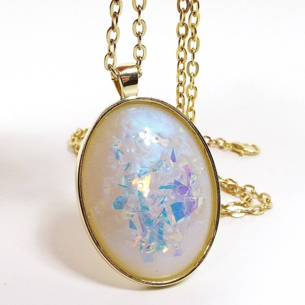 Handmade Off White and Blue Color Shift Resin Oval Glitter Pendant Necklace, Gifts Under 20