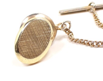 1960's Brushed Matte Gold Tone Oval Mid Century Vintage Tie Tack, Dapper Hipster, Gifts for Him