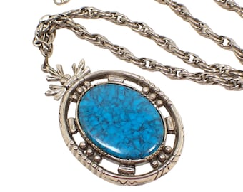 Large ART Vintage Faux Turquoise Oval Antiqued Silver Tone Pendant Necklace