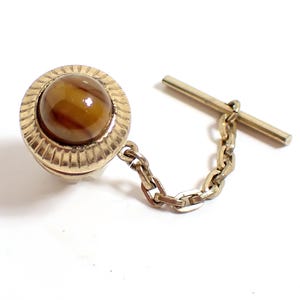 Mid Century Vintage Tie Tack, Brown and Yellow Domed Round Glass, Gold Tone, Dapper Hipster Jewelry, Gifts for Him