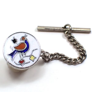 Vintage Multi Color Enameled Pheasant Bird Tie Tack, Animal Jewelry, Silver Tone Round, Dapper Hipster Mens Gifts for Him
