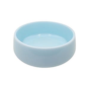 May include: A small, round, ceramic bowl with a smooth, matte finish in a solid light blue color. The bowl features a simple, open design with a consistent, uniform thickness along the rim and a deep, concave interior for holding various items.
