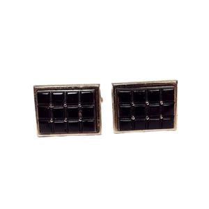 Anson Mid Century Vintage Black Glass Gold Tone Rectangle Cufflinks with Waffle Pattern