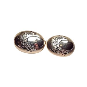 Flex Let Quality Vintage Cufflinks, Mid Century Gold Tone Domed Oval Floral Cuff Links