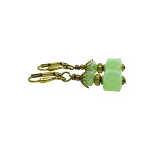 Small Mint Green Glass Cube Beaded Earrings, Antiqued Brass, Lever Back Hook Clip On Earrings