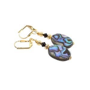Iridescent Abalone Shell Oval Drop Earrings, Gold Plated, Lever Back Hook Clip On Earrings