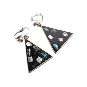 Vintage Black Enameled Triangle Drop Clip on Earrings with Iridescent Abalone Shell