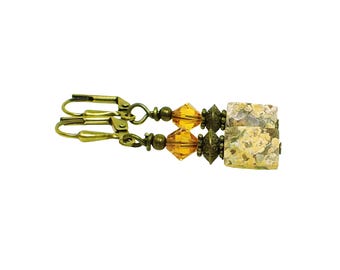 Small Leopard Skin Jasper Gemstone Drop Earrings, Antiqued Brass, Lever Back Hook Clip On Earrings