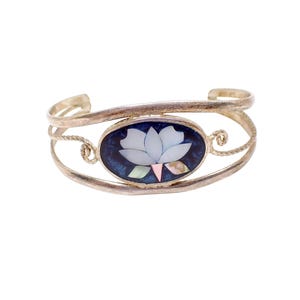 Vintage Blue Enameled Silver Tone Cuff Bracelet with Mother of Pearl Lotus Flower