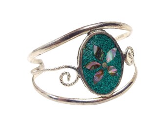 Wide Vintage Teal Green Dyed Stone Chip Cuff Bracelet with Abalone Flower Design