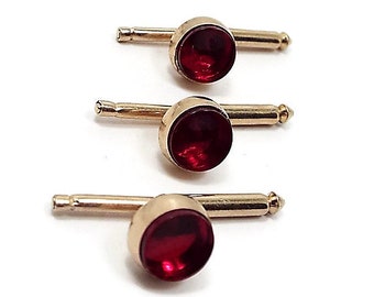 Red Shirt Studs, Set of 3, Gold Tone 8mm 8 mm Round, Vintage Shirt Studs, Retro 1970s 70s, Valentines Day, Mens Formal Suit Jewelry