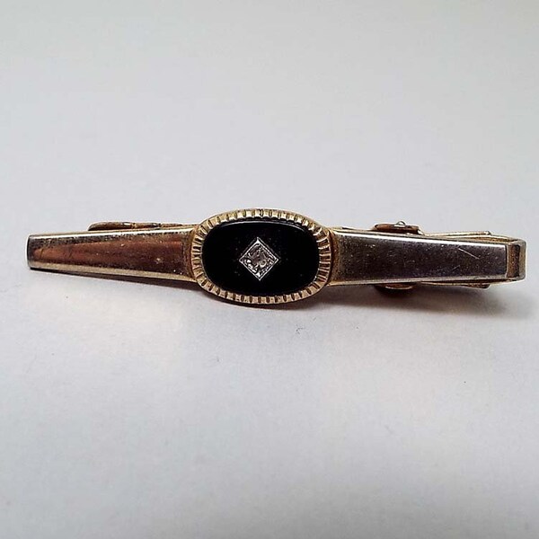 Vintage Tie Clip, Rhinestone Tie Clip, Black and Gold Tone, Mid Century 1960s 60s, Art Deco Design, Gentleman Jewelry, Mens Formal