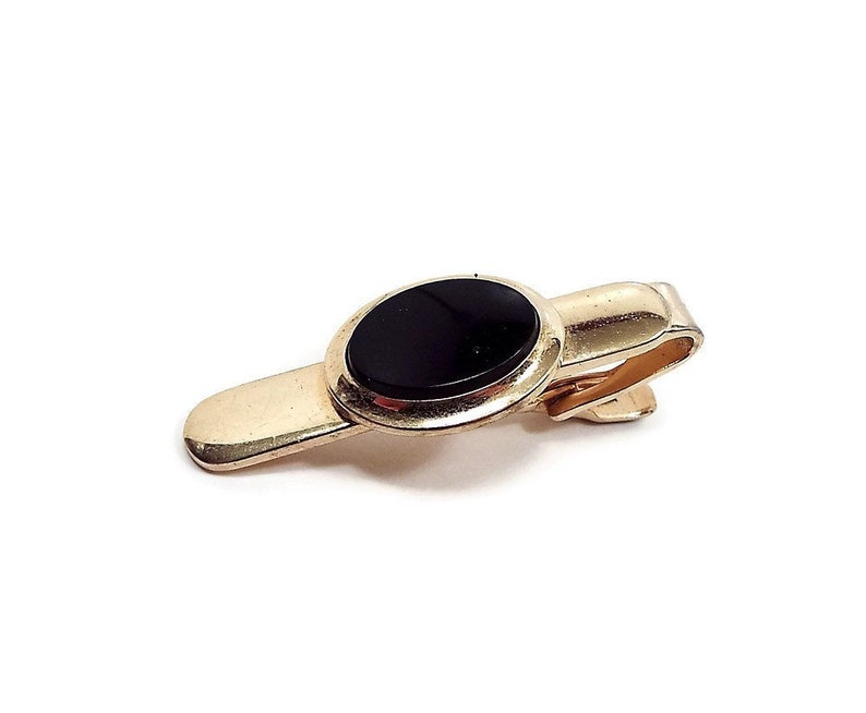 Speidel Signed Made in USA Gift for Him Gentleman Jewelry Vintage Tie Clip Retro 1980s 80s Black and Gold Tone Black Tie Clip