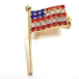 Red White and Blue US Flag Vintage Rhinestone Brooch Pin, Patriotic Jewelry