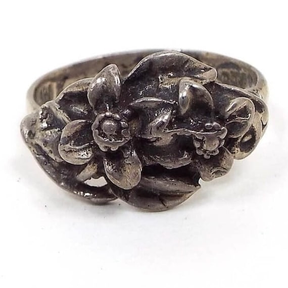 Mexican Sterling Silver Vintage Flower Ring, Boho… - image 1