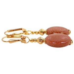 Handmade Goldstone Glass Drop Earrings, Gold Plated, Hook Lever Back or Clip On