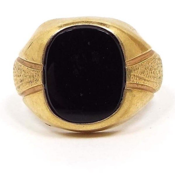 Uncas Wide Vintage Onyx Ring, Unisex Gemstone Jewelry, Gold Tone