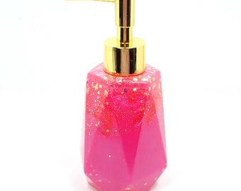 Faceted Handmade Bright Pearly Pink Resin and Glitter Soap Dispenser, Lotion Dispenser
