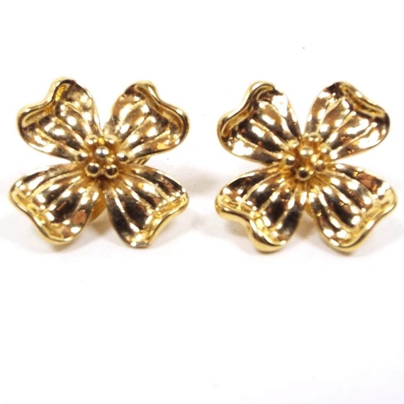 Monet Dogwood Flower Vintage Clip on Earrings, Go… - image 1