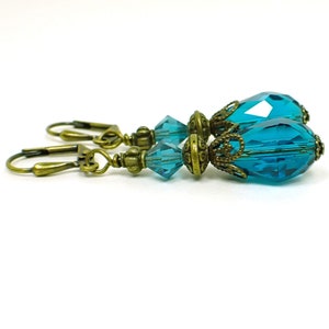 Handmade Teal Blue Glass Crystal Teardrop Earrings, Antiqued Brass, Hook Lever Back or Clip On
