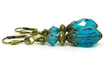 Handmade Teal Blue Glass Crystal Teardrop Earrings, Antiqued Brass, Hook Lever Back or Clip On